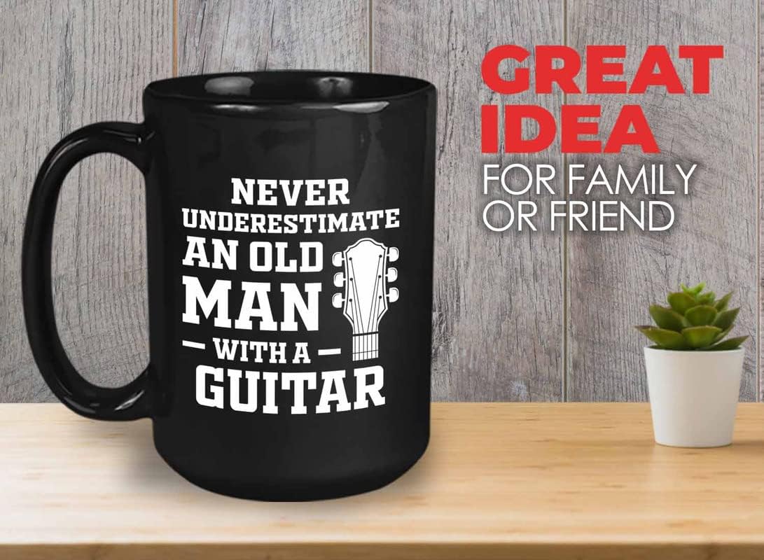 Bubble Hugs Never Underestimate Coffee Mug 15oz Black - Old Man with a Guitar - Man Religious Women Coworker Student Cycling Christian Granfather Music Lover Atheletes Medical Healthcare