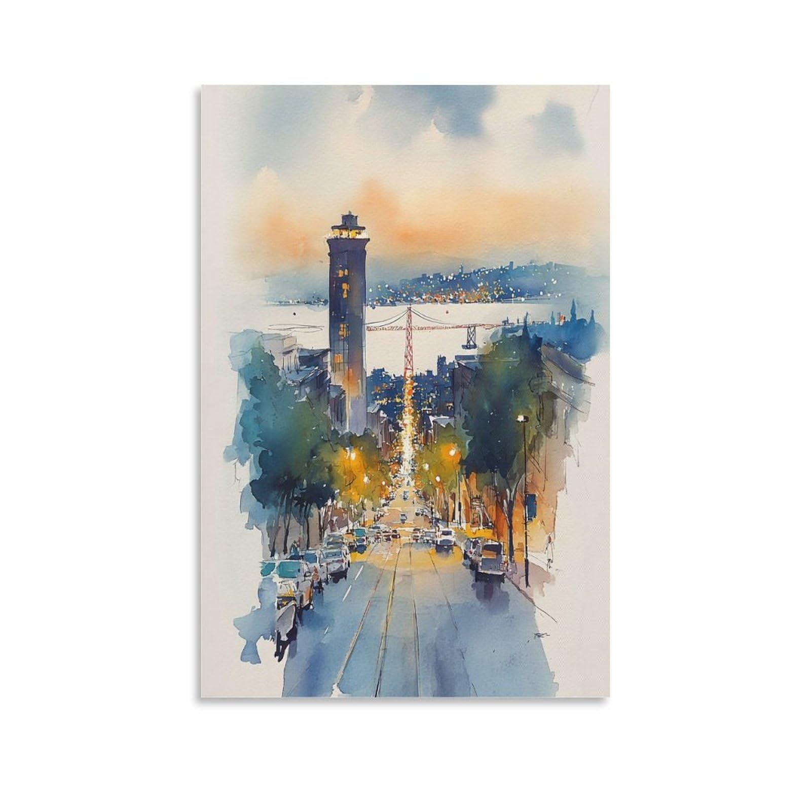 LCYNNH San Francisco Tree 24x36inch(60x90cm) Vintage Travel Poster Watercolor Canvas Art