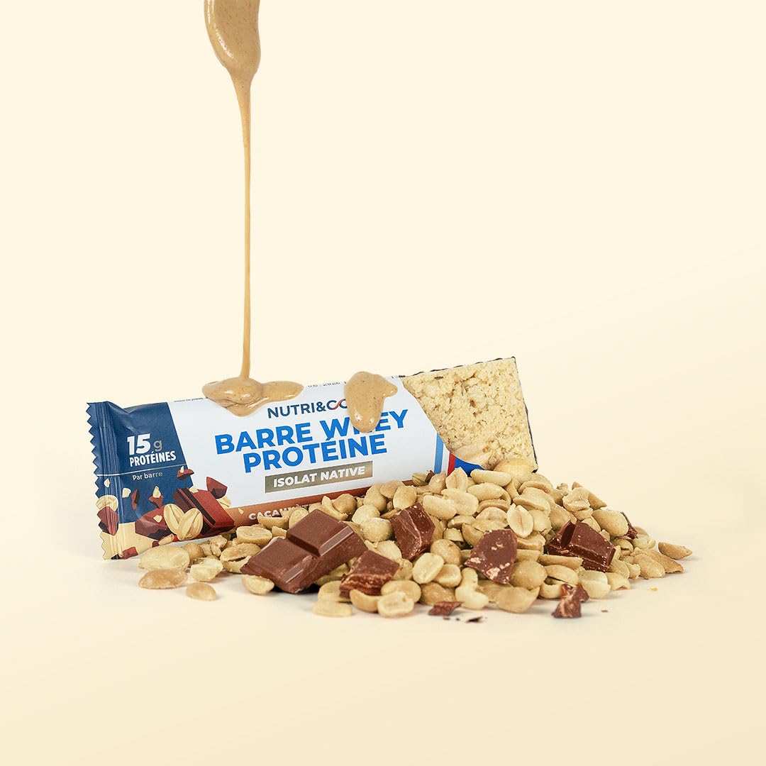 NUTRI & CO Barres Protéinées Whey Isolat Native - 15g de Protéines - Musculation & Récupération - 100% Clean sans protéines végétales ni Huile de Palme – Lot de 12 Barres Cacahuètes & Chocolat