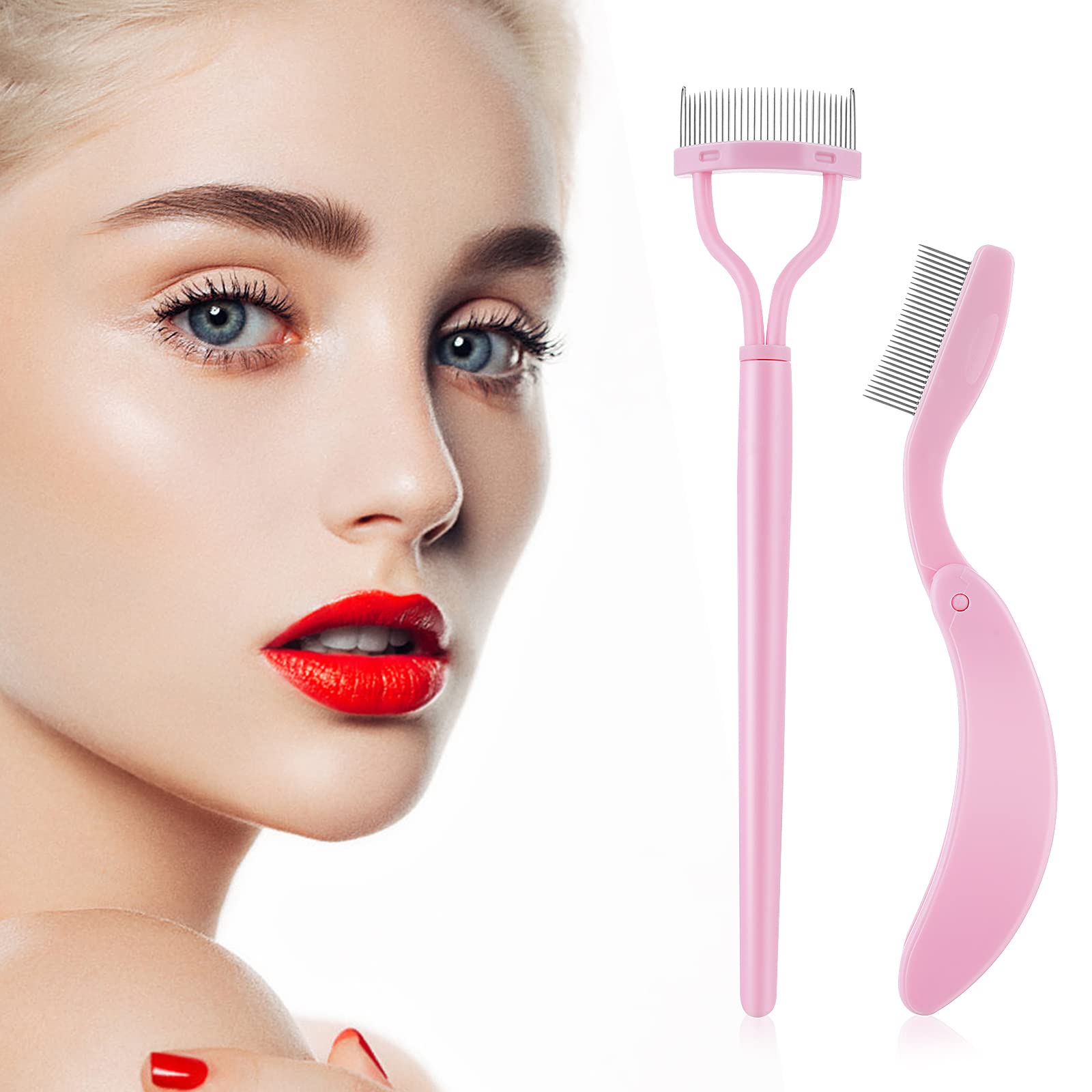 cobeeEyelash Comb, Arc-Designed Eye Lash Brush with Folding Eyelash Comb, Eyebrow Brush with Comb Cover Eyelash Separator Tool Comb Cleaning Brush Professional Tool for Define Lash & Brow, 2 Pack