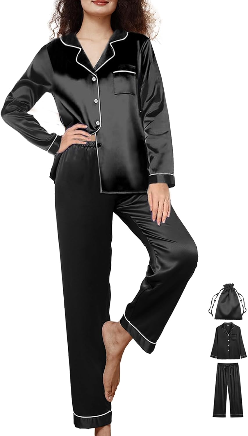 3Pcs Womens Silk Pajamas Set XS-3XL Satin Pajama Sets Silky Pjs Set Long Sleepwear Pj Sets Loungewear Nightwear