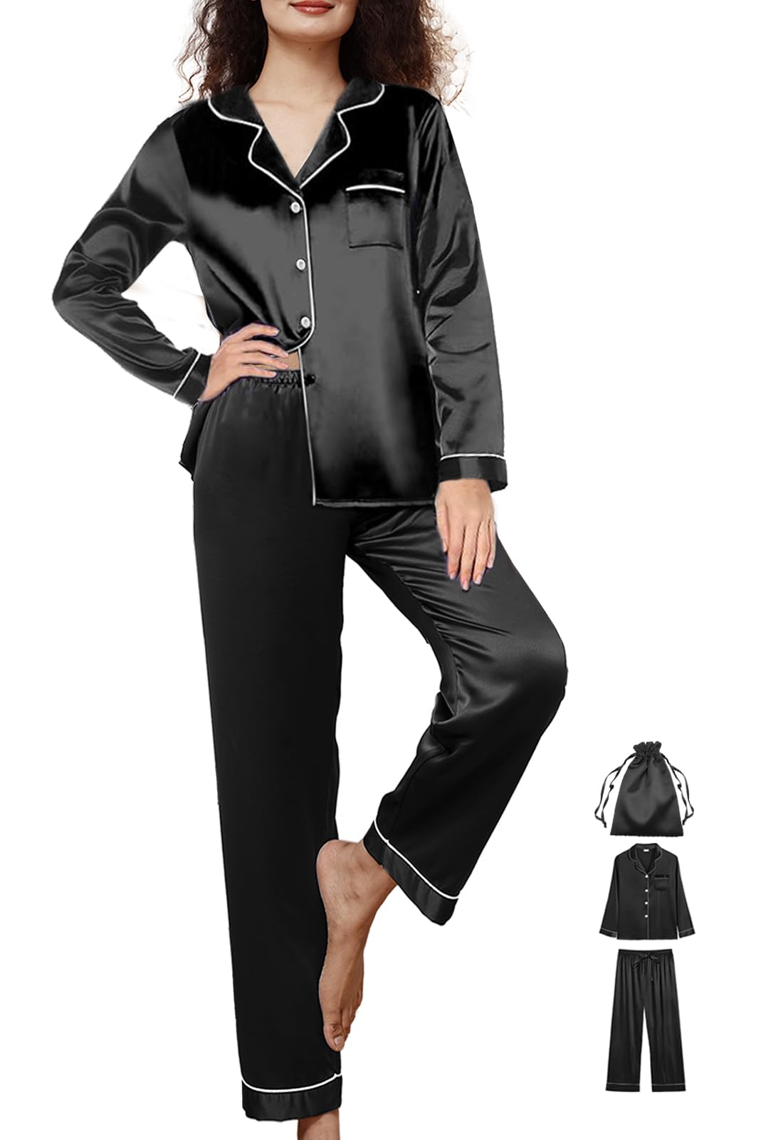 WJing Yi Jia Conjunto de pijama de seda de 3 piezas para mujer, tallas XS a 3XL, conjunto de pijama de satén sedoso, conjunto de pijama largo para dormir
