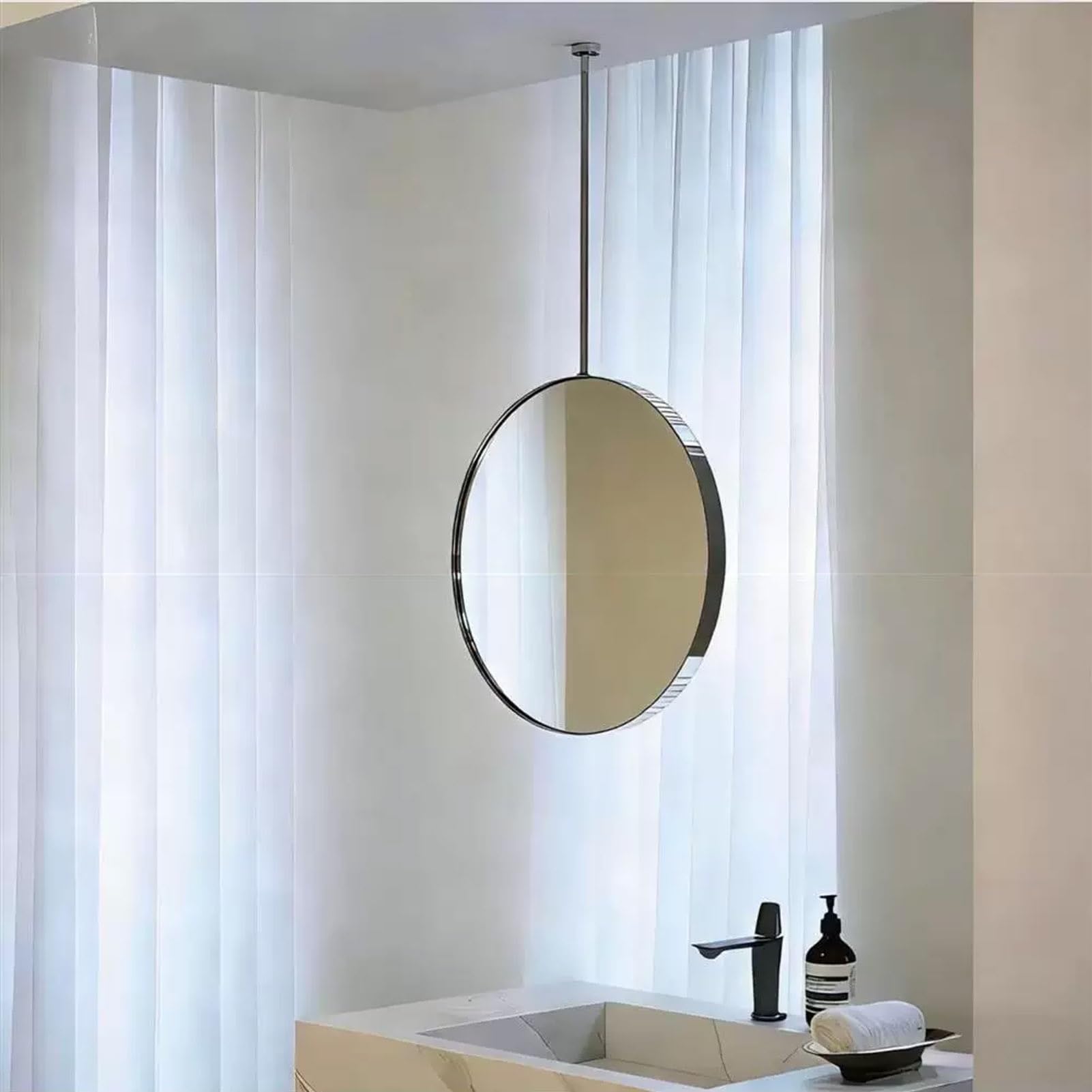 Gaommini One Color Ceiling Hanging Floating Mirror Circle Stainless Steel Wall Vanity Mirror