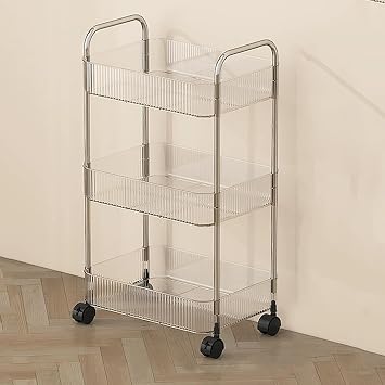 Acrylic Storage Trolley Kitchen Bedroom Rolling Cart Multi-Layer Mobile Shelf Utility Transparent Organizer Rack,Clear,3 Tier