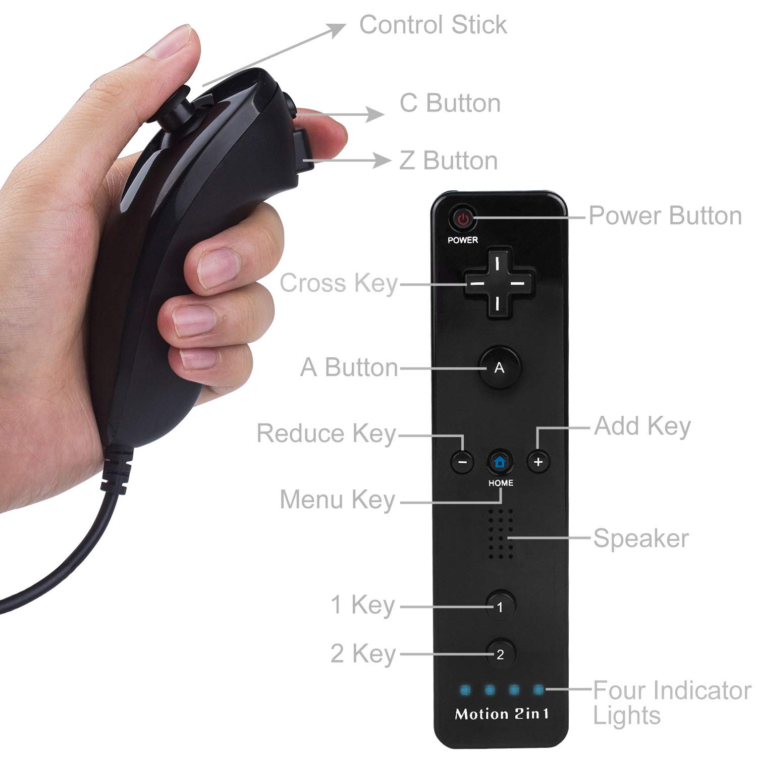 Wii Nunchuck Remote Controller 2 Pack with Motion Plus Compatible with Wii & Wii U Console | Wii Remote Controller with Shock Function (Black + Blue) : Video Games