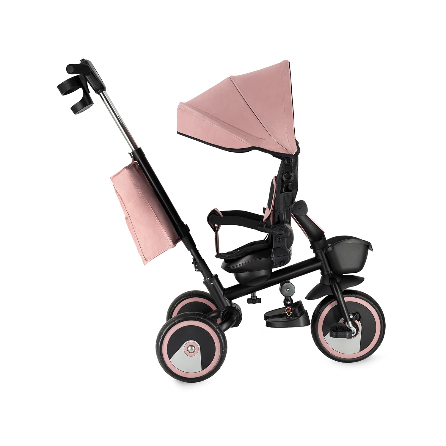 Triciclo per bambini MoMi IVI, seduta girevole 360°, cinture a 3 punti, poggiapiedi, tettuccio parasole, ruote EVA, manubrio regolabile, borsa e cestino portaoggetti