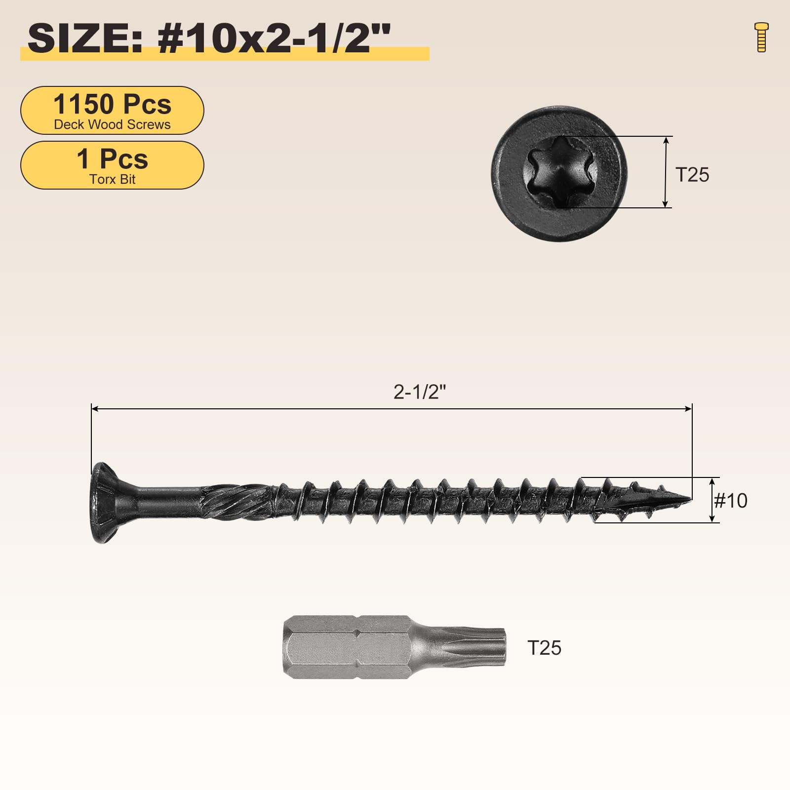 METALLIXITY Deck Screws (#10x2-1/2") 150Pcs, Carbon Steel Wood Screw Decking Screws Epoxy Coated with T25 Torx Drive Head - Image 2