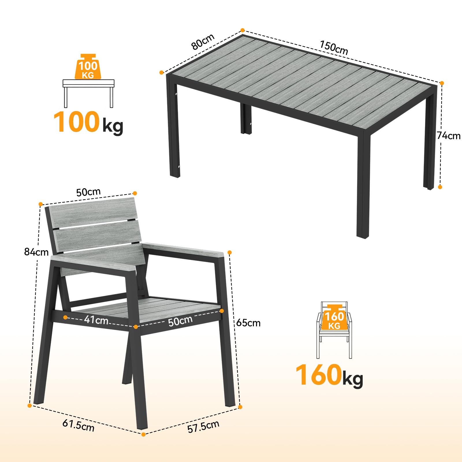 JUMMICO Gartenmöbel Set aus mit Holzoptik, Wetterfestes Terrassenmöbel in 150cm oder 189cm für 6-8 Personen, Stabiles Set für Balkon und Garten