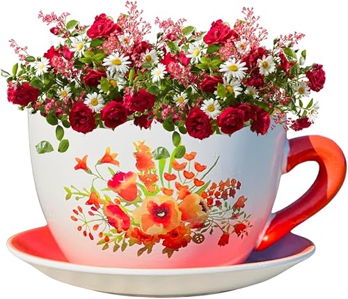 Miniatura 10 de hadaaya Macetero de cerámica con hojas de palma verde de 9 pulgadas con orificio de drenaje y platillo para suculentas orquídeas, hierbas, cactus,