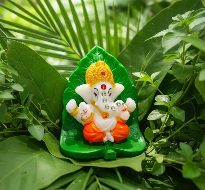 Image of Pan Ganesha Idol on Leaf Small Ganesha Idol for Pooja Resin Ganesh Murti Mini Ganesh Statue for Home Mandir Car Dashboard Decorative Ganesha Statue Spiritual Gift