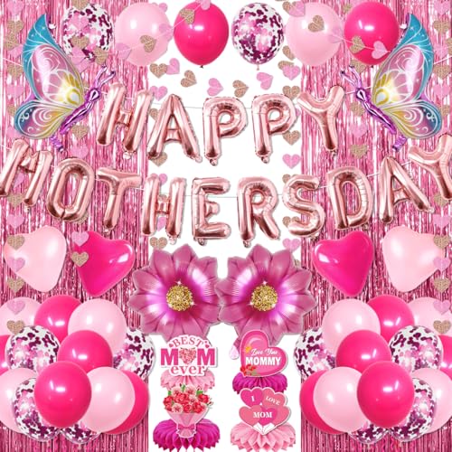 Image of Mothers Day Decorations,63PCS Happy Mothers Day Balloons and Flower Heart Balloons,Fringe Curtains,Best Mom Ever Honeycomb Centerpieces for Girls Women Mom Party Supplies Celebrating Ladies Decor