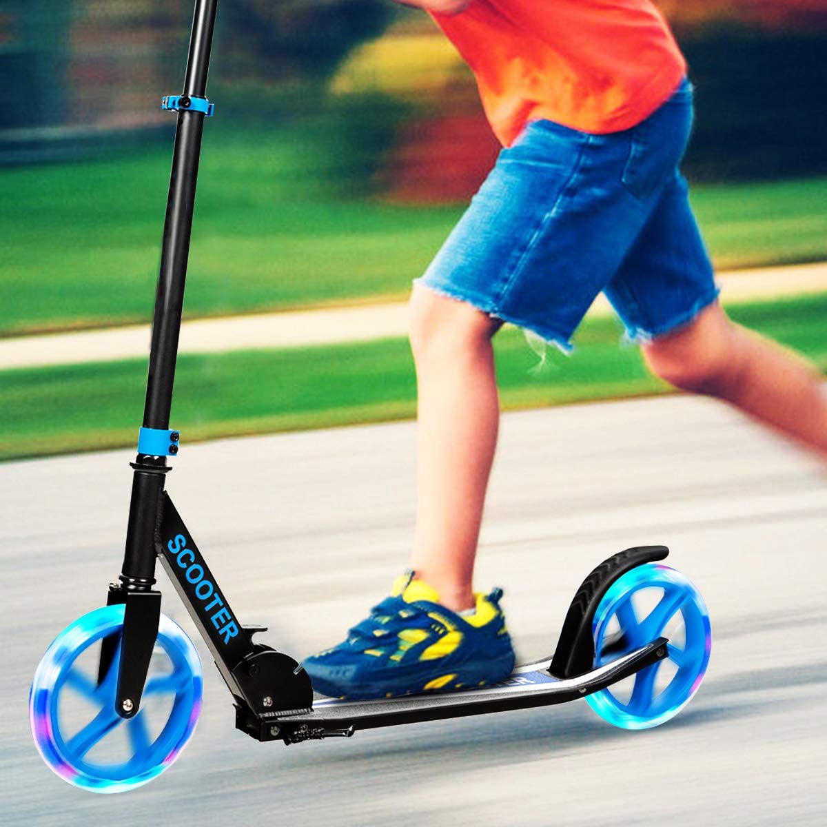 COSTWAY Trottinette Enfant Adultes(Charge Max 100 kg) avec Roues Lumineuse 200 mm, Trottinette Freestyle Pliable avec Béquille et Guidon Réglable, ABEC-7, Plateforme Antidérapante, 10 Ans+