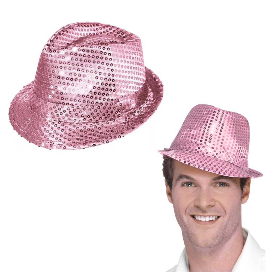 RockParty Sequin Fedora Hat Sparkly Trilby Fancy Dress Hat for Adults & Kids, Festival, Party, Dance, Stage, Rave & Costume Accessories (Pink)
