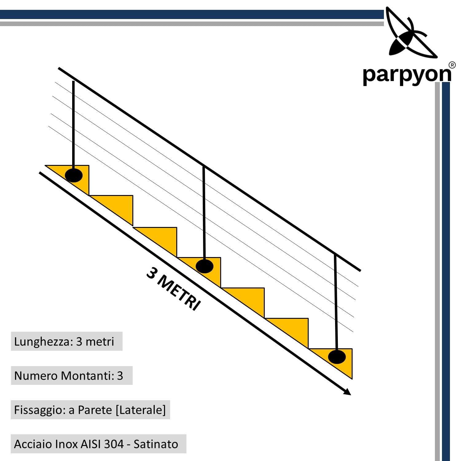 Parpyon® Ringhiera per Scale interne in acciaio Inox AISI 304 Uso Interno Balaustra 3 metri Fissaggio a PARETE montaggio FACILE fai da te