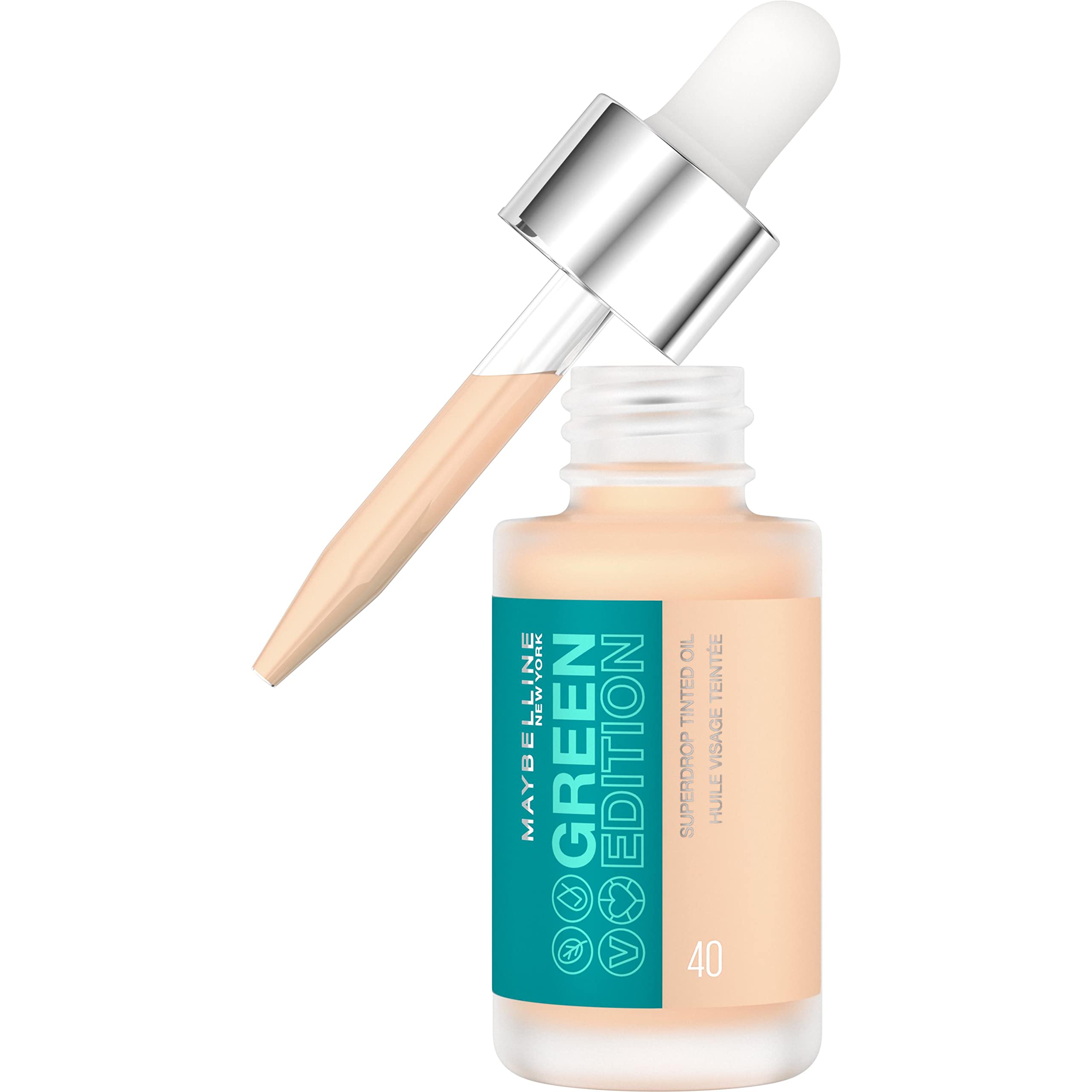 Maybelline New York Leichte Serum Foundation, Serum-Makeup für aufbaubare Deckkraft und ein natürliches Finish, Green Edition Superdrop Tinted Dry Oil Nr. 40, 1 Stück