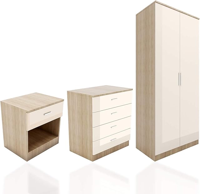 ELEGANT 3 Piece Bedroom Furniture Sets High Gloss Soft Close Wardrobe + 4 Storage Drawer Chest of Drawers + Bedside Cabinet, Cream-Oak Wardrobe and Chest of Drawers Set