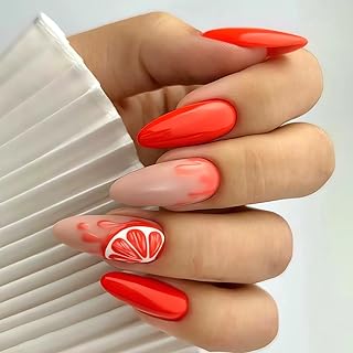 IMSOHOT Almond Press on Nails Orange Medium Fake Nails Glossy Gel Glue on Nails with Juice Designs Full Cover Stiletto Acrylic False Nails 24pcs