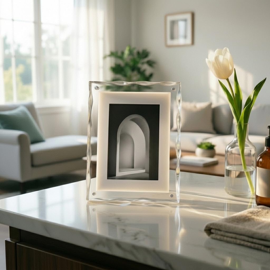 5x7 Acrylic Picture Frame, 2 Pack Magnetic Double-Sided Photo Frame, 24mm Thick Crystal Clear Block with Water Ripple Edges, Freestanding Tabletop Display