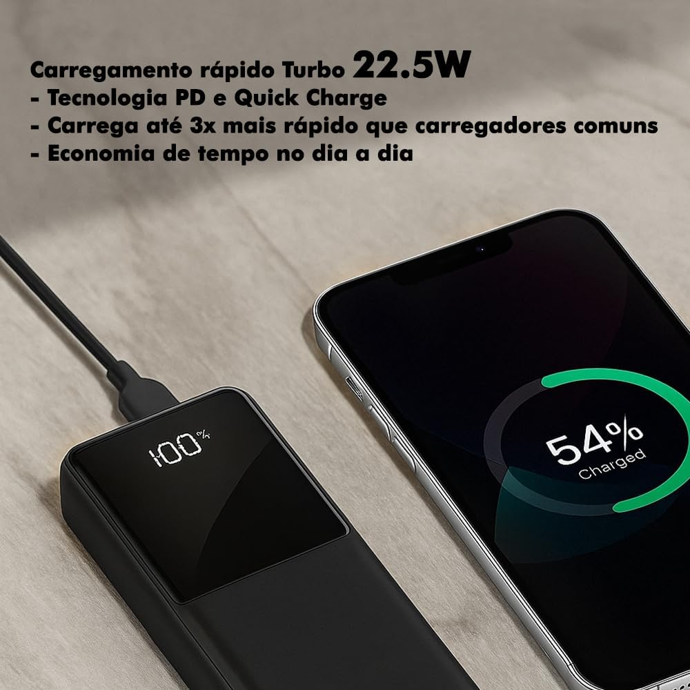 Power Bank Carregador portátil 20000mAh com Carregamento Turbo 22.5W, Saída Rápida Tipo-C e Lightning Integrados, Compatível com Android e iPhone, Cabo Embutido e Visor Digital de Carga