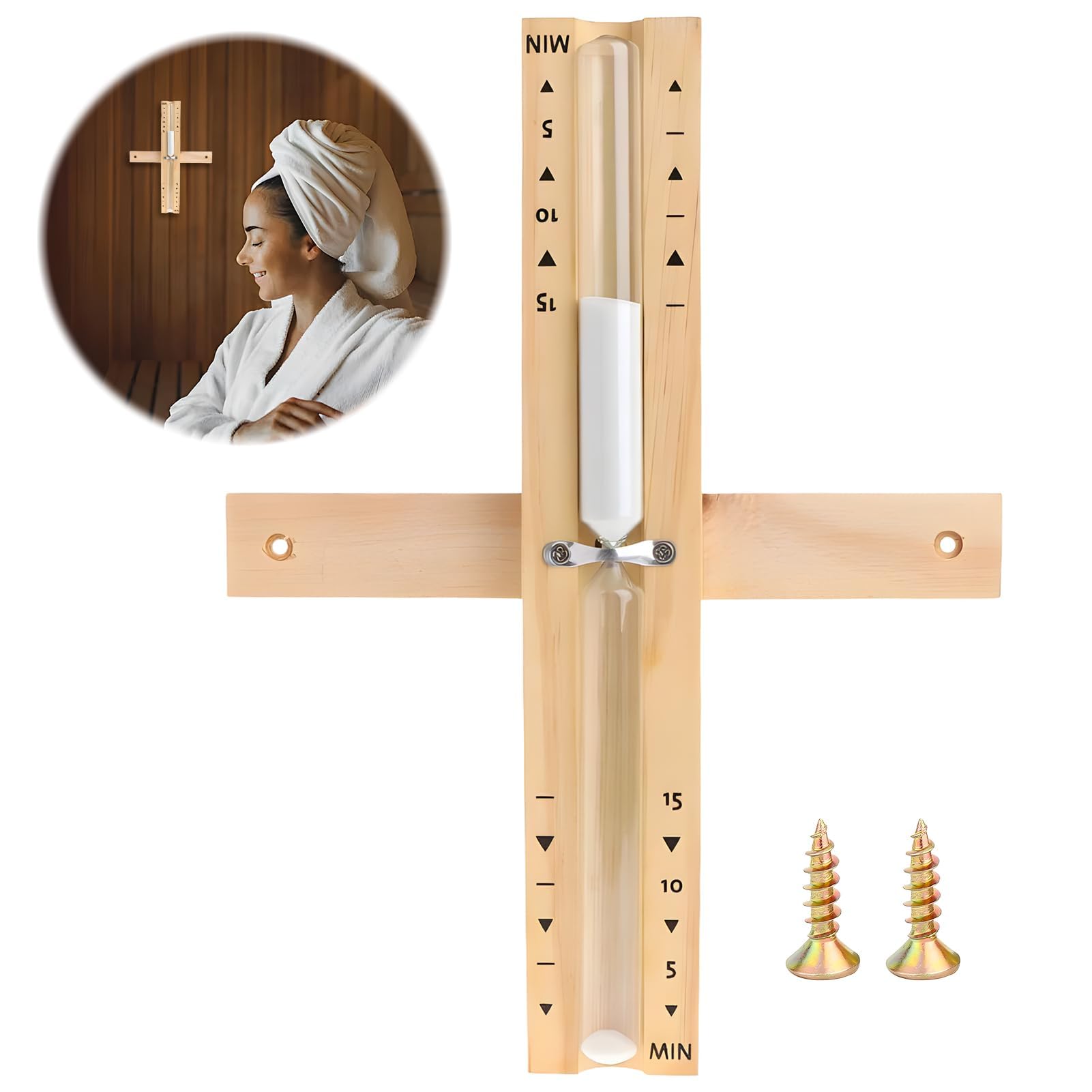 Sablier pour Sauna 15 Minutes en Bois Naturel - Minuterie de Sauna Analogique, Montage Mural avec Vis en Acier Inoxydable, Accessoire de Sauna Rotatif et Résistant à la Chaleur, Idéal pour Relaxation