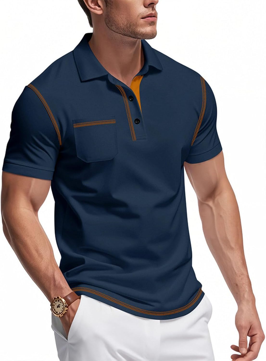 Polo Shirts for Men Solid Color Casual Shorts Sleeve Summer Shirt Classic Collared Button Golf Shirts with Pocket