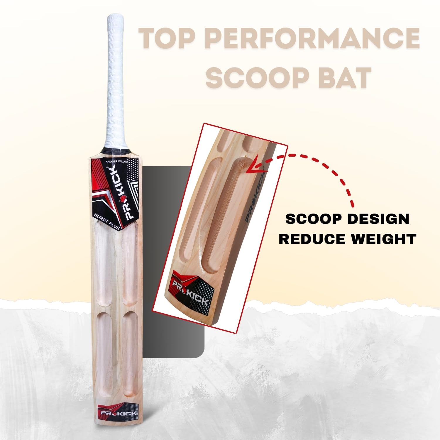 Prokick Burst Plus Kashmir Willow Scoop Cricket Tennis Ball Bat with Cover|Single Blade Full Size Scoop Design Tennis Ball Bat Suitable for Both Hard and Soft Tennis Balls (Size: Short Handle) - Image 3 thumbnail