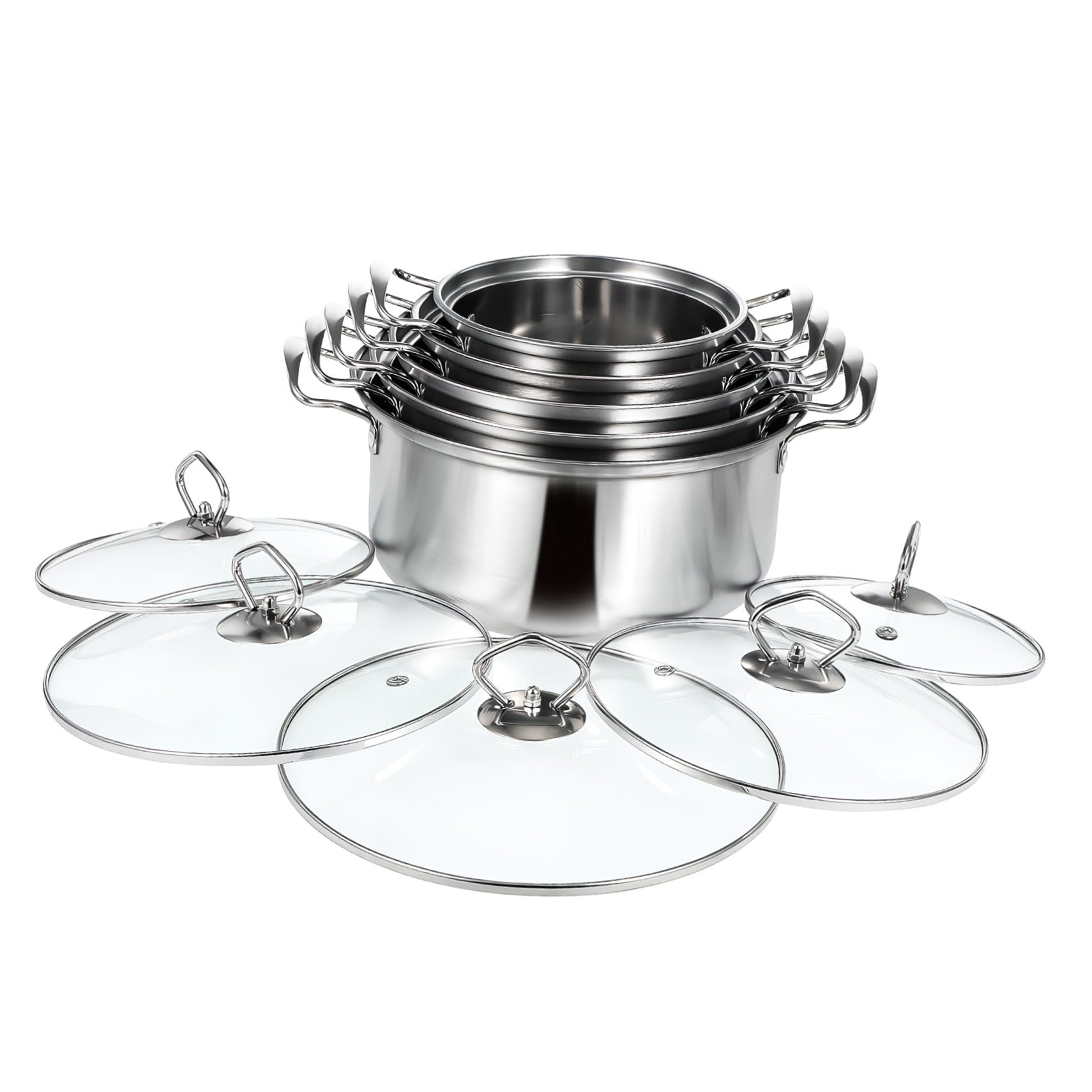 Gatuida Set 10 Pezzi Pentole in Acciaio Inox con Doppio Manico e Coperchio in Vetro, Pentole per Zuppa, Stufato e Porridge, Compatibili Piani Cottura a Induzione, per Cucina Domestica