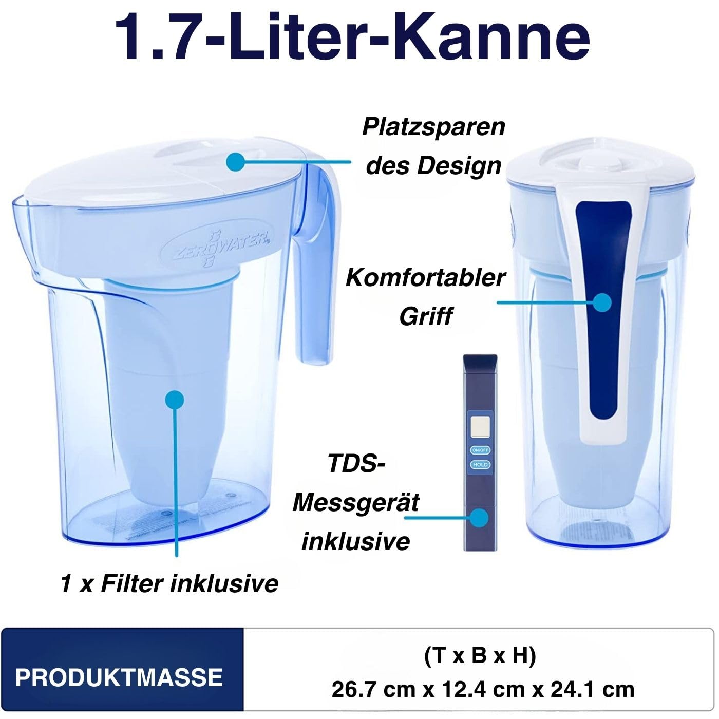 ZeroWater 5-Stufige Filterkanne für Trinkwasser mit 1,7 L - NSF-Zertifizierte Wasserfilter Kanne, um Blei, Andere Schwermetalle und PFOA/PFOS zu Reduzieren - in Weiß und Blau