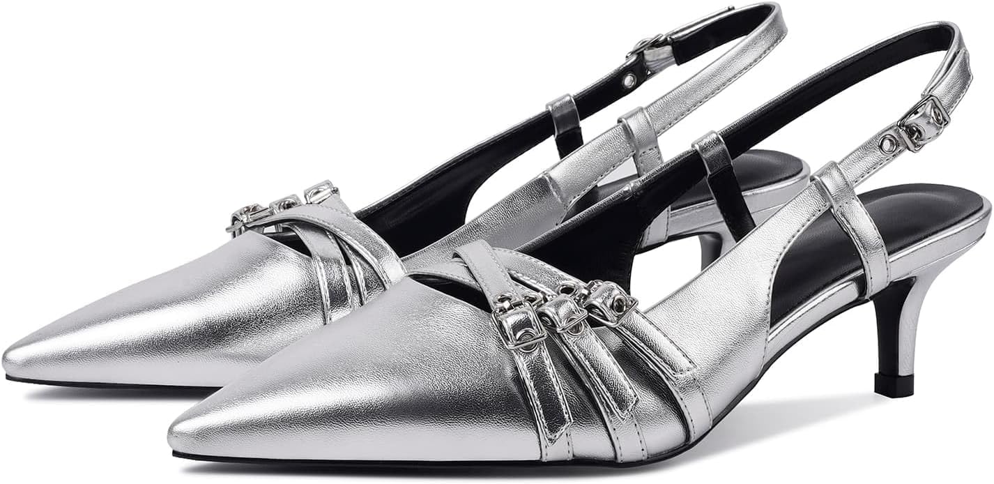 CORNMOOD Slingback Kitten Heels for Women Pointed Toe Stiletto Low Heels with Buckle Strap Heeled Pumps Sandals