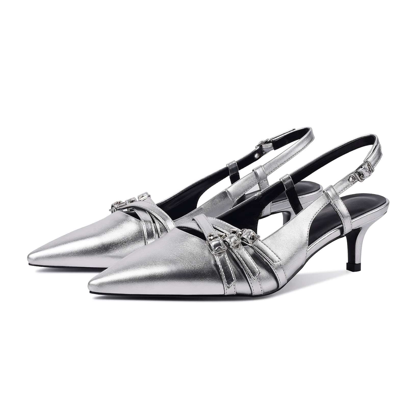 CORNMOOD Slingback Kitten Heels for Women Pointed Toe Stiletto Low Heels with Buckle Strap Heeled Pumps Sandals