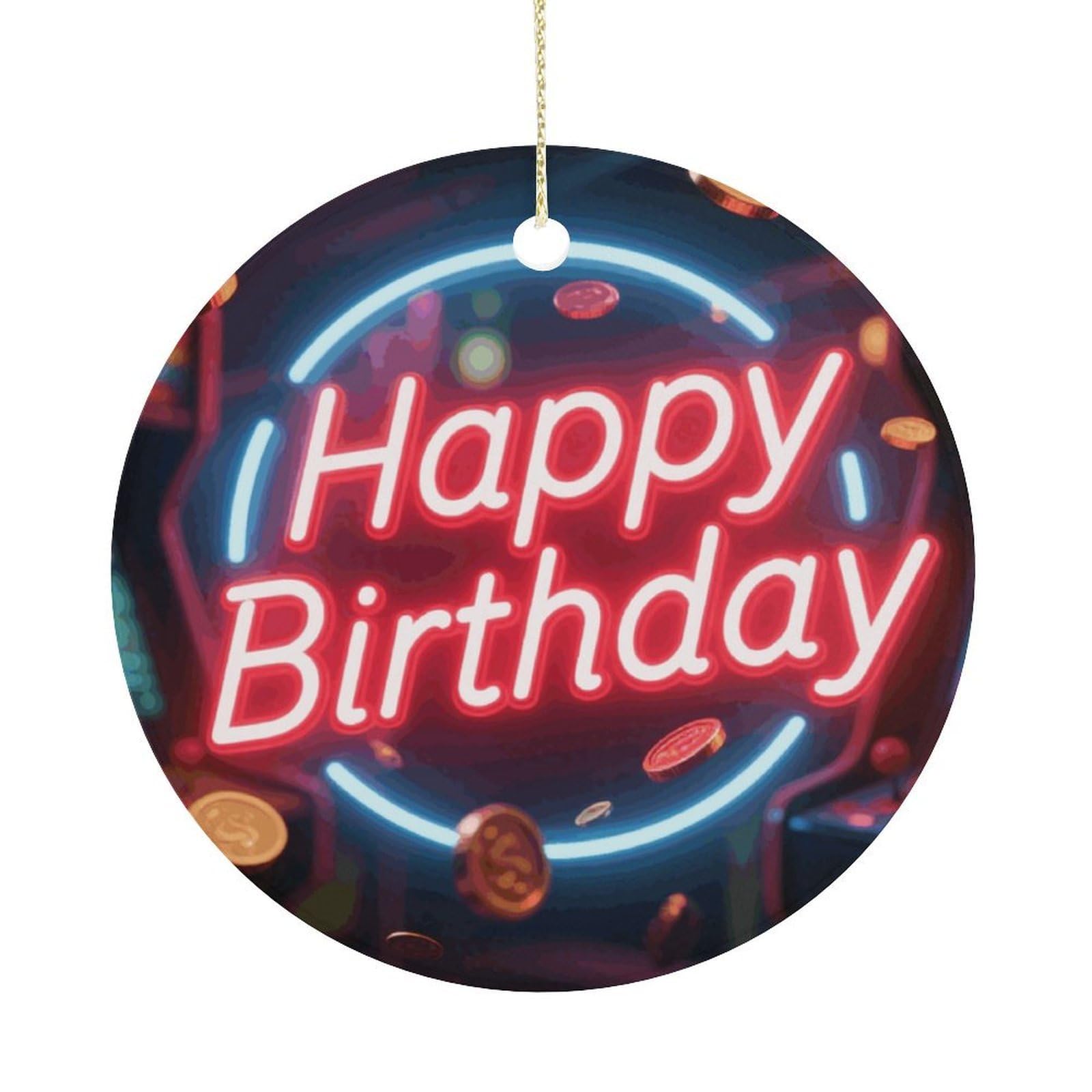 Personalized Christmas Ornaments 2025 Ceramic Hanging Neon Happy Birthday Ornaments with Gold String Double-Sided Vintage Holiday Decorations for Tree Mantel Tabletop Xmas Party Favors