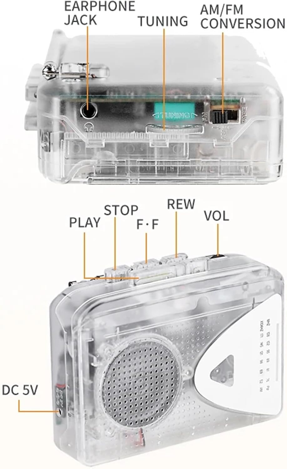 Cassette Players Cassette Player Walkman Portable Speaker Multiple Power Supply Methods AM/FM Radio Function Sound