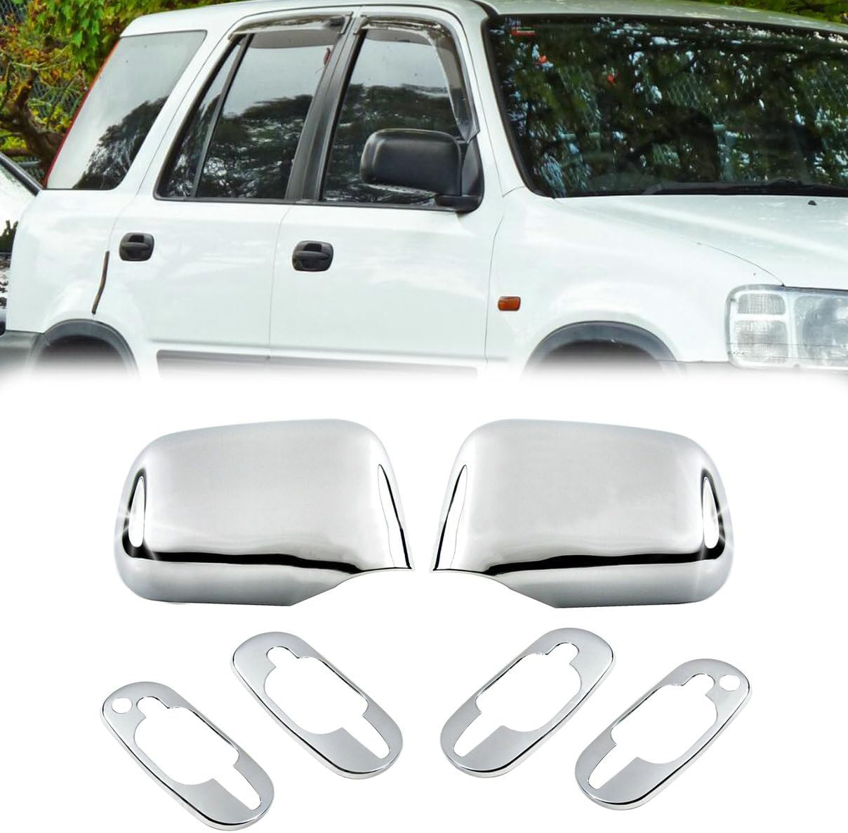 6PCS/Set Chrome Side Door Rearview Mirror Cap + Door Handle Cover Trim Compatible for Honda CR-V CRV 1997 1998 1999 2000 2001 Exterior Accessories
