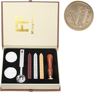 Mingting Wax Seal Stamp Kit,Mingting Classical Old-Fashioned Antique Wax Stamp Seal Kit Initial Letters Alphabet Set Gift Box with Vintage Wooden Handle and Brass Color Head(W)