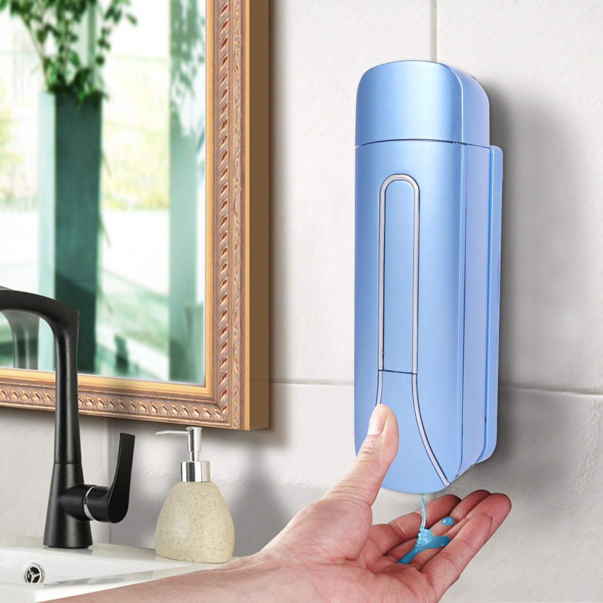 SOLUSTRE Flüssigseifenspender und Manueller Druckfunktion aus Abs 350ml Wandmontierter mit Blauem Behälter für Shampoo und Conditioner im Badezimmer zu Hause