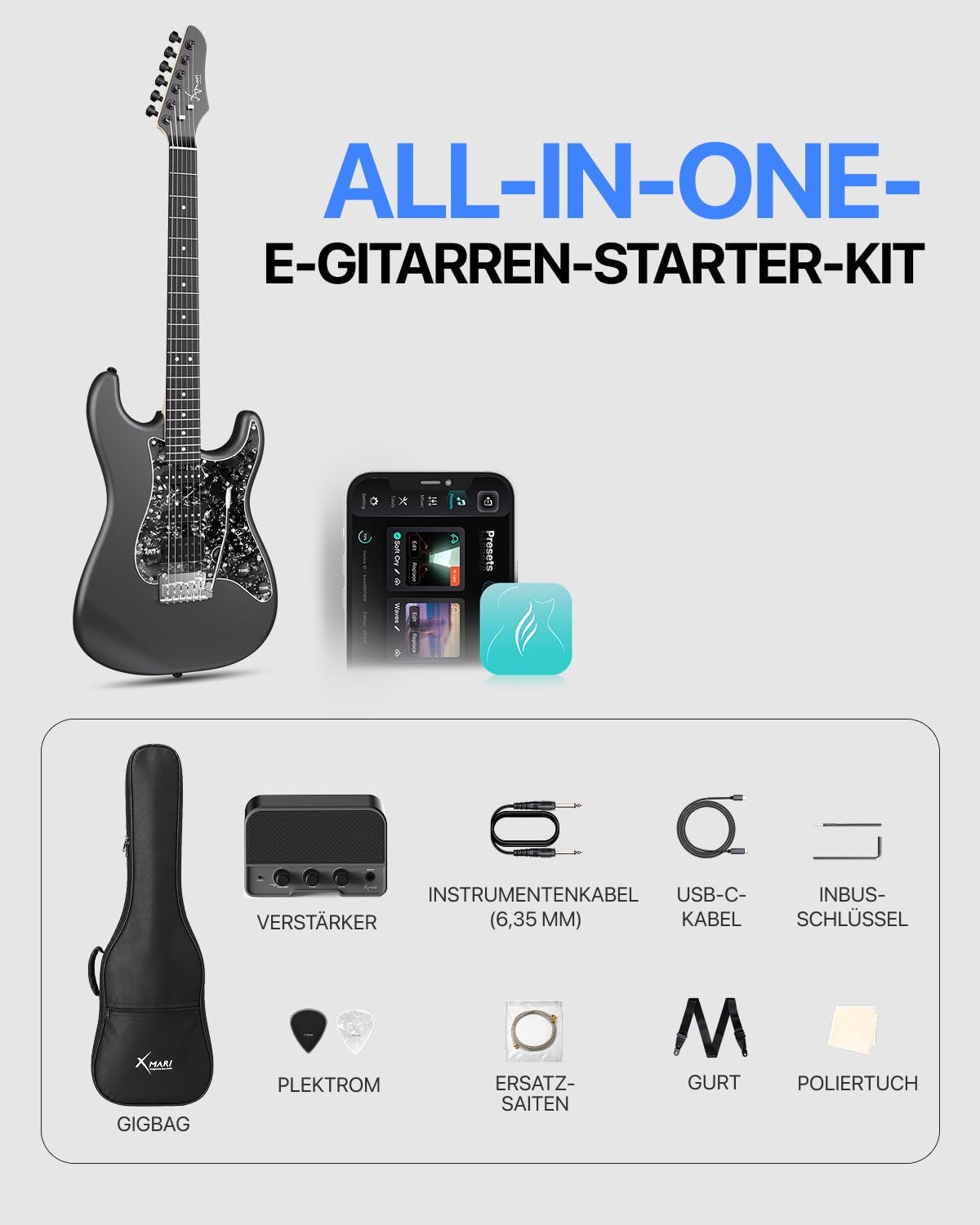 ENYA XMARI Smarte E-Gitarre set mit Verstärker, integrierten Effekten | Kohlefaser-Korpus, USB-C-Aufnahme, Kopfhörerausgang, 39-Zoll-Komplettset mit Gigbag, App-Steuerung – ideal für leises Üben.