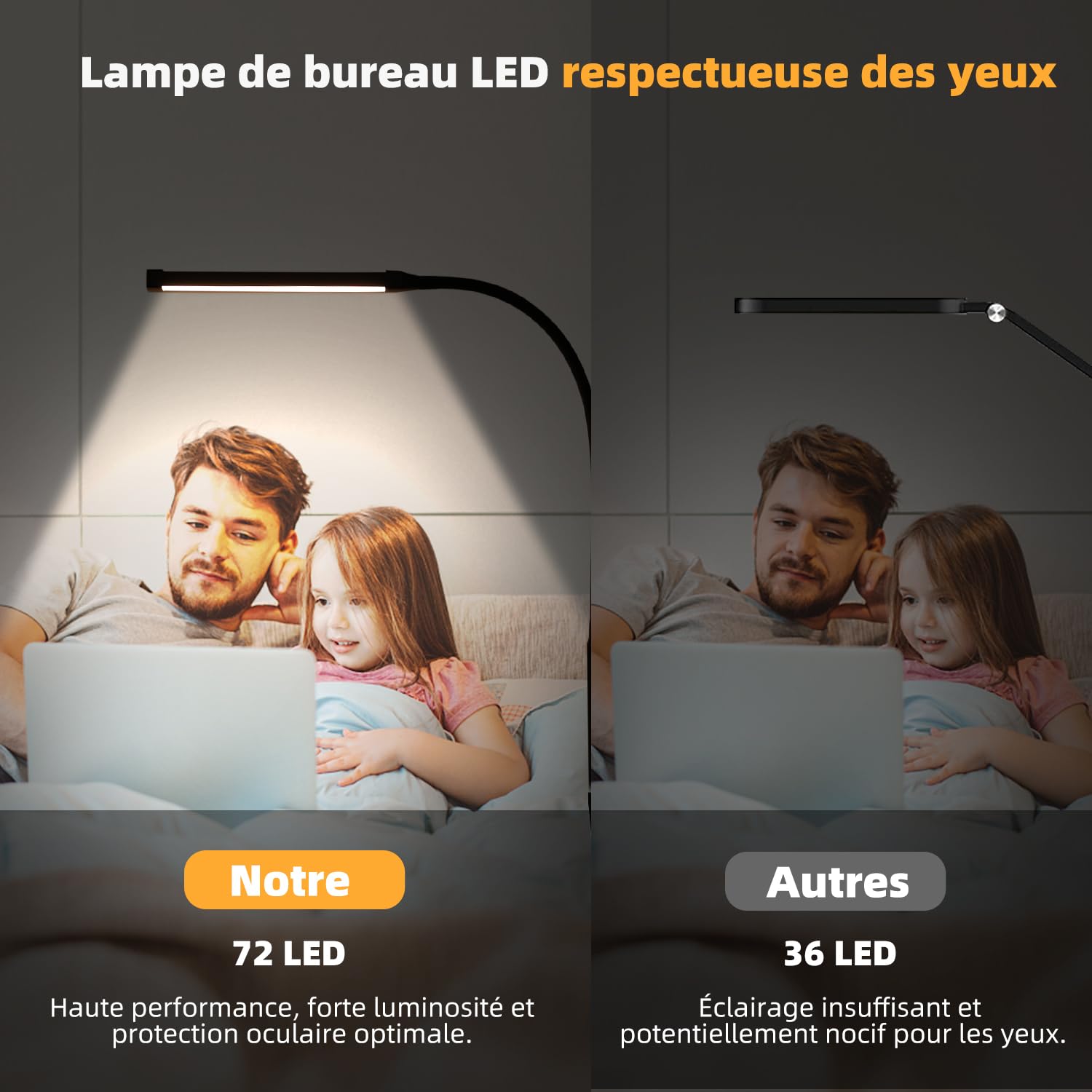 Lampe de bureau LED à pince – 3 modes de couleur et 10 niveaux de luminosité, lumière du jour, protection des yeux, lampe de lecture à col de cygne flexible – réglable à 360° – noir