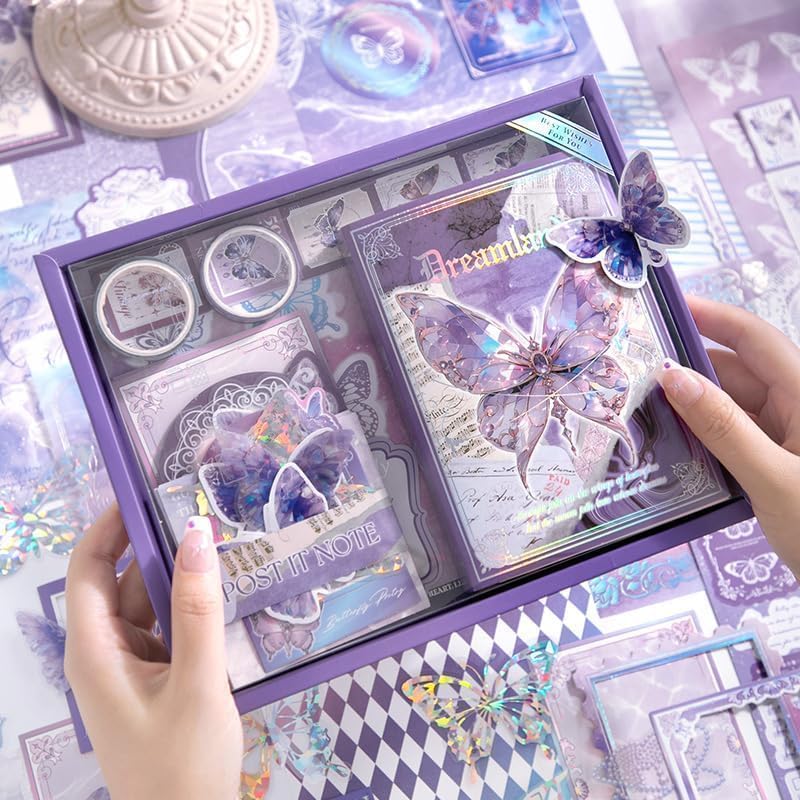 Image of MGNLR Vintage Aesthetic Scrapbook Kit(346Pcs) Scrapbooking Supplies Kit with Bullet Junk Journal,Stationery,A6 Grid Notebook Journaling Gift for Girl (Butterflies in Dream)