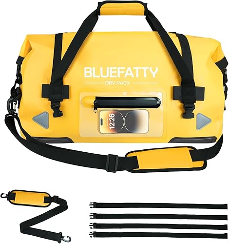 Miniatura 1 de BLUEFATTY Bolsa de lona impermeable con parte superior enrollable para motociclismo, canotaje, SUP, kayak, viajes, 50L70L, Amarillo, Exteriores