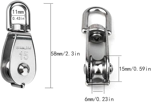 Miniatura 2 de Bloque de polea simple M15 de acero inoxidable 304, bloque de polea de grúa de alambre colgante con 2 ganchos de resorte