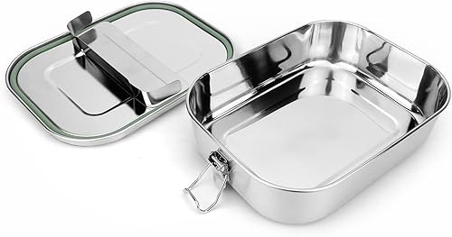 Miniatura 5 de Contenedores de almuerzo de acero inoxidable de 47.3fl oz con tapa, caja bento de metal para adultos, cuchara y tenedor, 1 o 2 compartimentos,