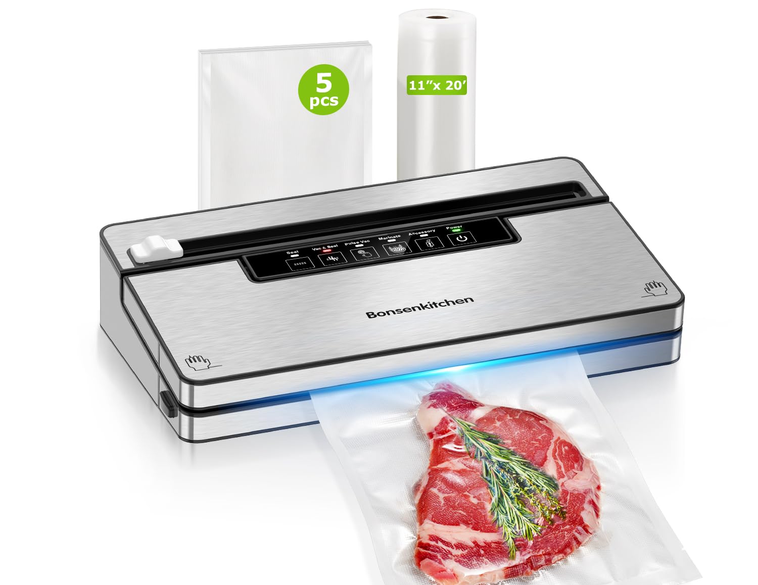 Bonsenkitchen Vacuum Sealer Machine, Stainless Steel Food Sealer Vacuum Sealers with 1 Roll & 5 Bags, 5 Food Vacuum Modes, Built-in Cutter & Bag Storage (Silver Black)