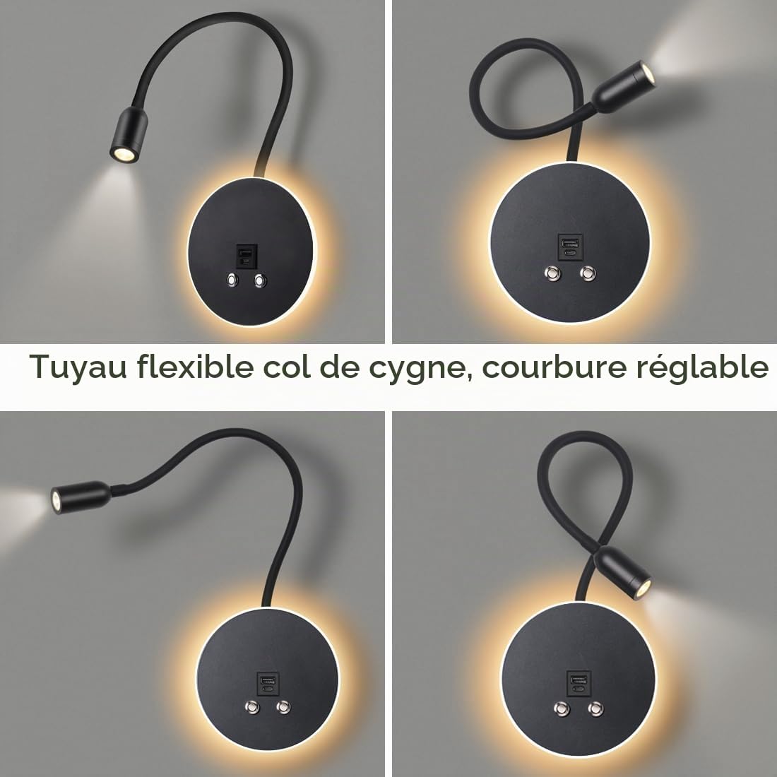 3W+6W LED Liseuse murale, Lampe De Chevet applique liseuse 3000k avec interrupteur tactile à variateur et recharge USB, Cygne Flexible applique lampe Chambre pour la chambre à coucher, Noir