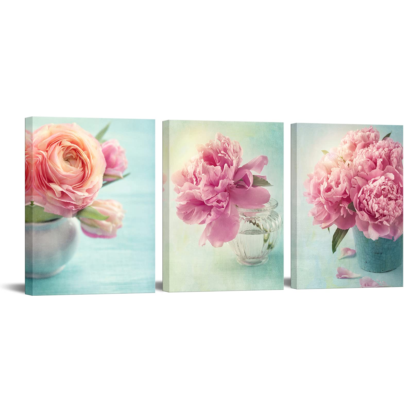 Nachic Wall Peony Pictures Wall Art Teal and Pink Bathroom Decor Pink Flower Painting Canvas Prints Ready to Hang
