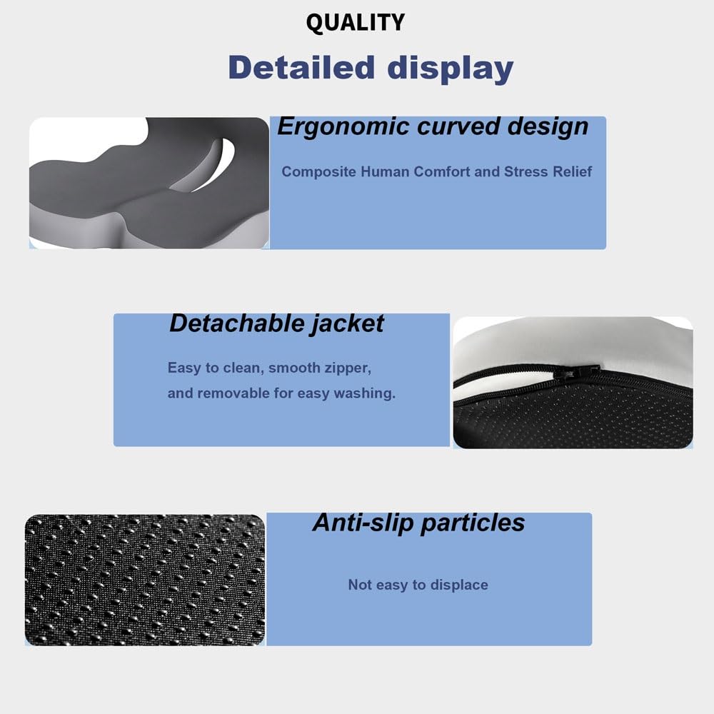 Cojín de Asiento en Forma de L de Espuma con Memoria, Almohadilla Ergonomica Antideslizante para Oficina & Coche con Soporte Lumbar, Diseño de Una Pieza para Estar Sentado Mucho Tiempo(Blue-gray)