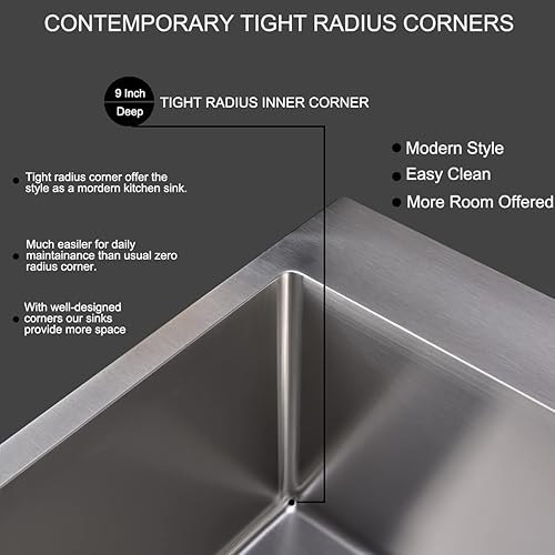 Miniatura 8 de SHACO Fregadero de cocina de 28 pulgadas, fregadero de montaje superior de acero inoxidable T304 de 16 calibre hecho a mano comercial, fregadero de