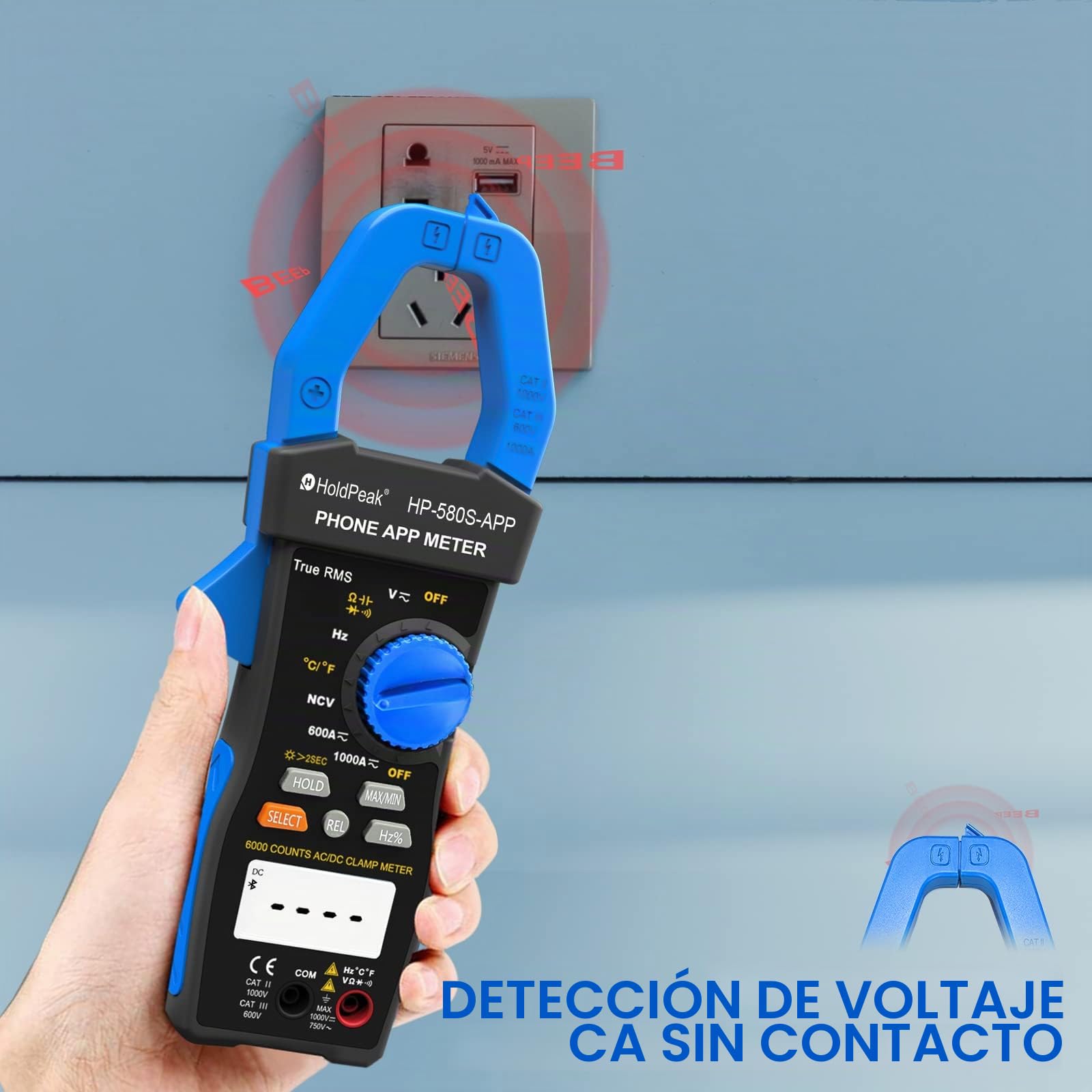 Pinza Amperimétrica HoldPeak con APP connect, Multímetro TRMS 6000 Counts HP-580S Auto Ranging, NCV 1000A AC/DC Volt ohm Resistencia Capacitancia Continuidad Temperatura Diodo