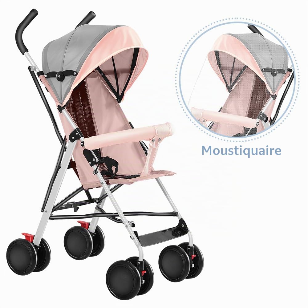 Poussette Bebé Légère, jusqu'à 30 kg, grand panier, système de pliage rapide,Siège Spacieux, Double Frein et Roues Avant Pivotantes (rose)