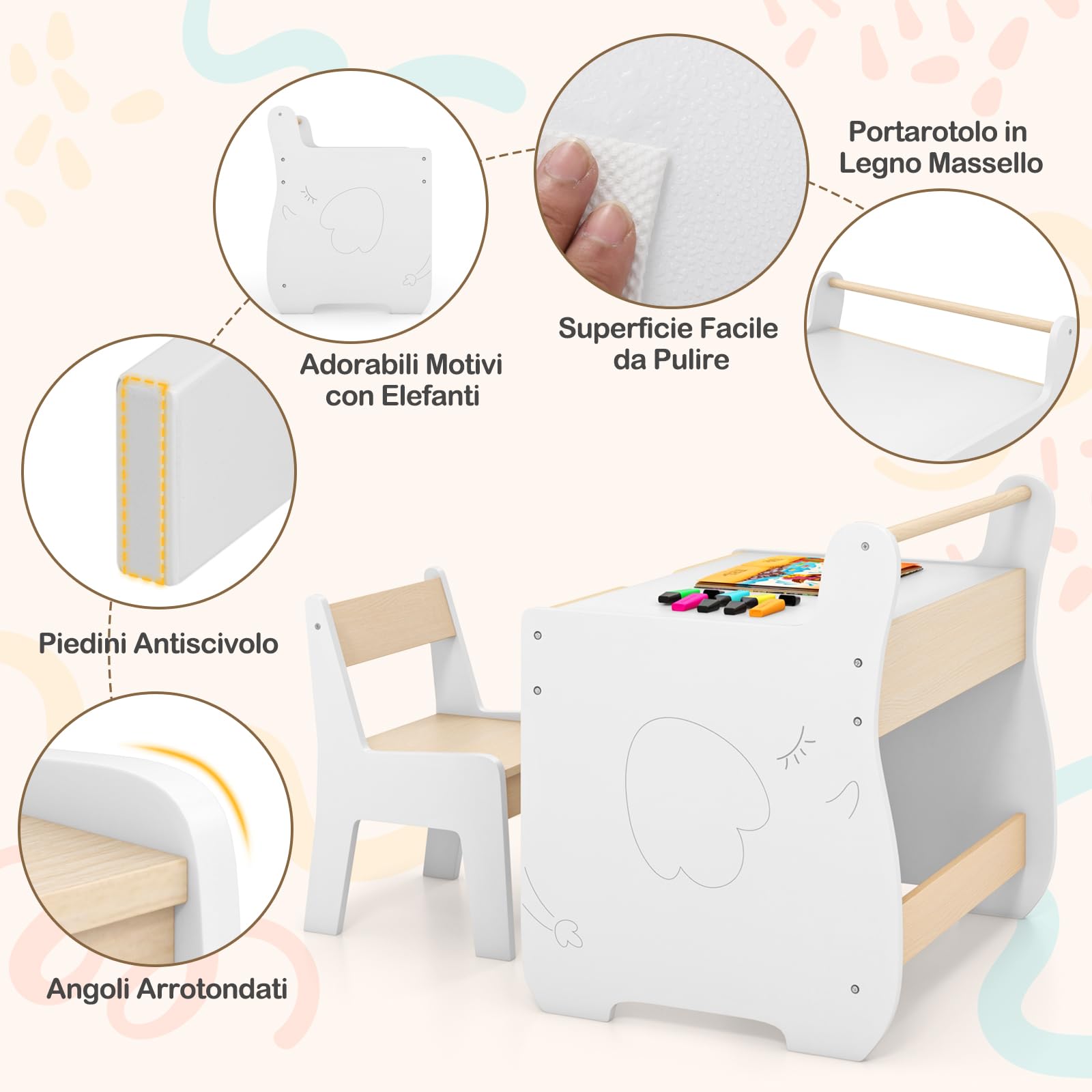 RELAX4LIFE Juego de mesa y silla 2 en 1 para niños, escritorio de madera con tablero extraíble de doble cara, amplio espacio de almacenamiento, diseño multifuncional para habitación de los niños