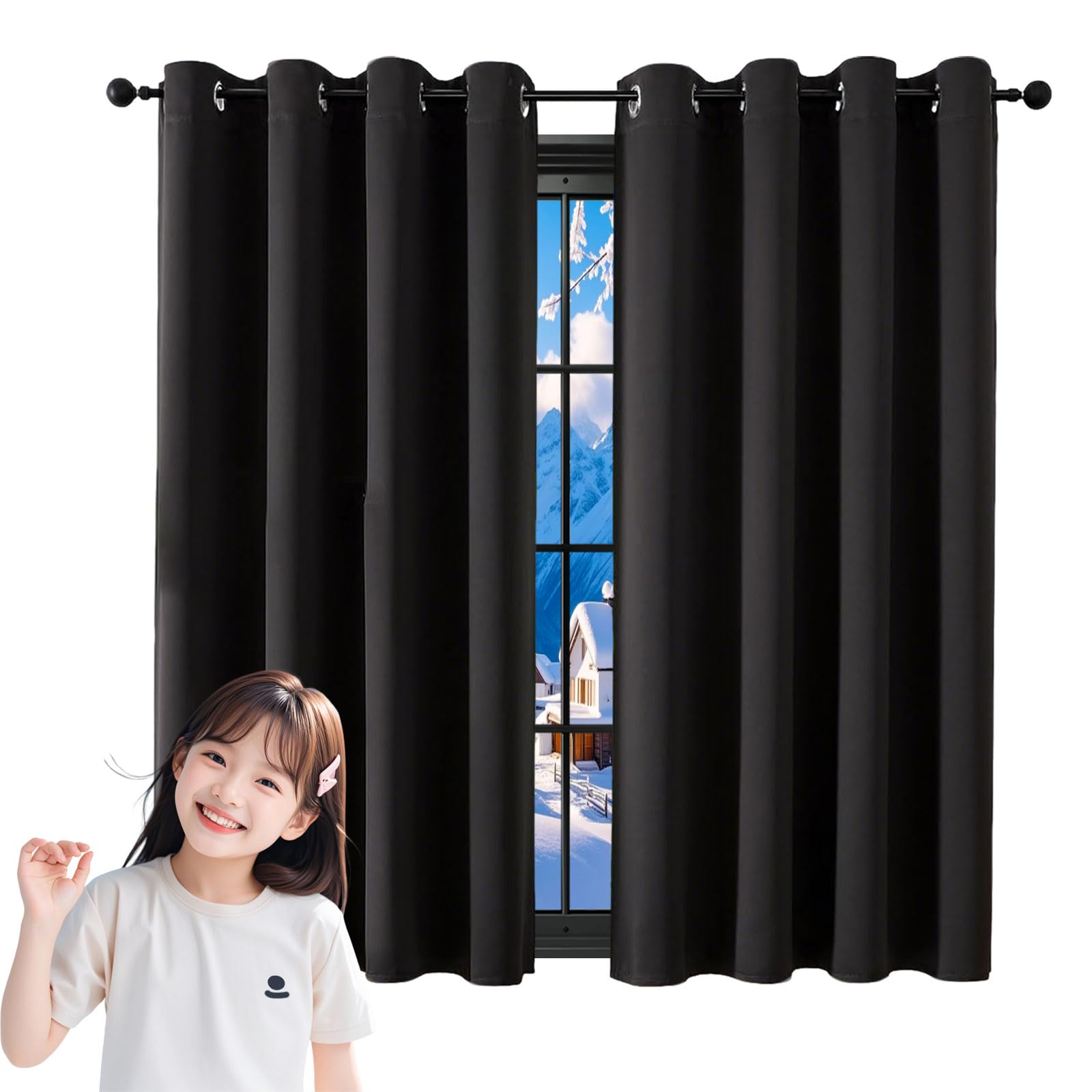 GUOJUN Cortinas Opacas 140 x 270 cm Modernas Opacas con Ojales Cortina Portátil Opaca para Ventana Anti Luz Acustico Privacidad para Habitacion Salón Balcón, Negro